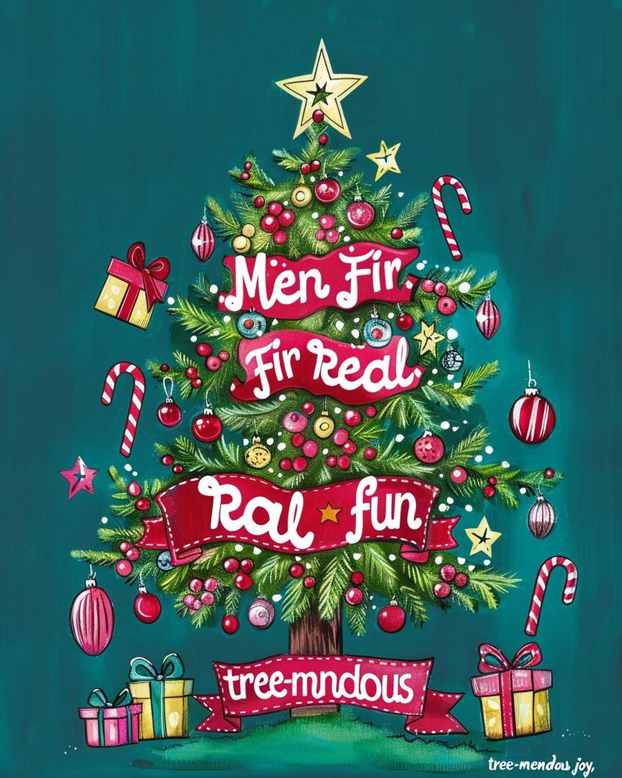 "Festive christmas tree puns with tree-mendous names on ornaments, bringing holiday cheer"