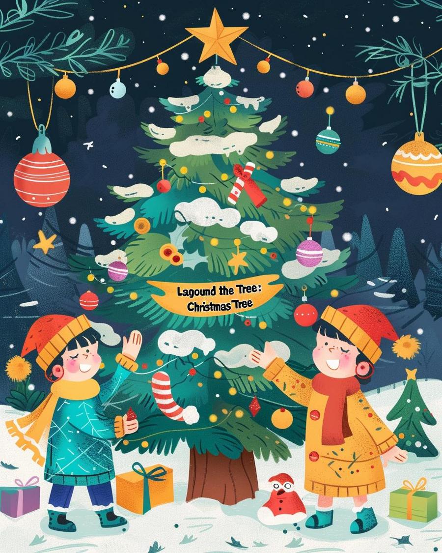 Funny cartoon with Christmas tree jokes and puns decorated with ornaments and lights.