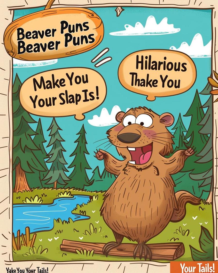 Smiling beaver holding log, caption reads "Wood You Believe It?" - hilarious beaver puns.