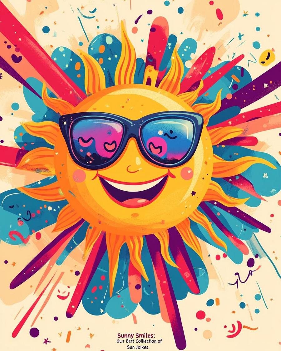 Cheerful illustration of a sun telling funny sun jokes to brighten your day.