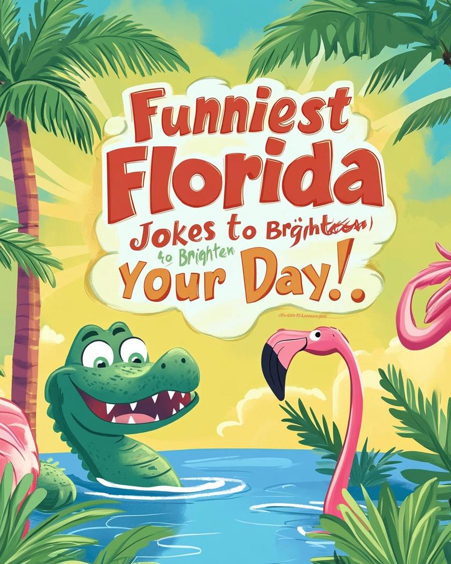 Group laughing at beach with funny signs, enjoying Florida jokes under sunny skies.