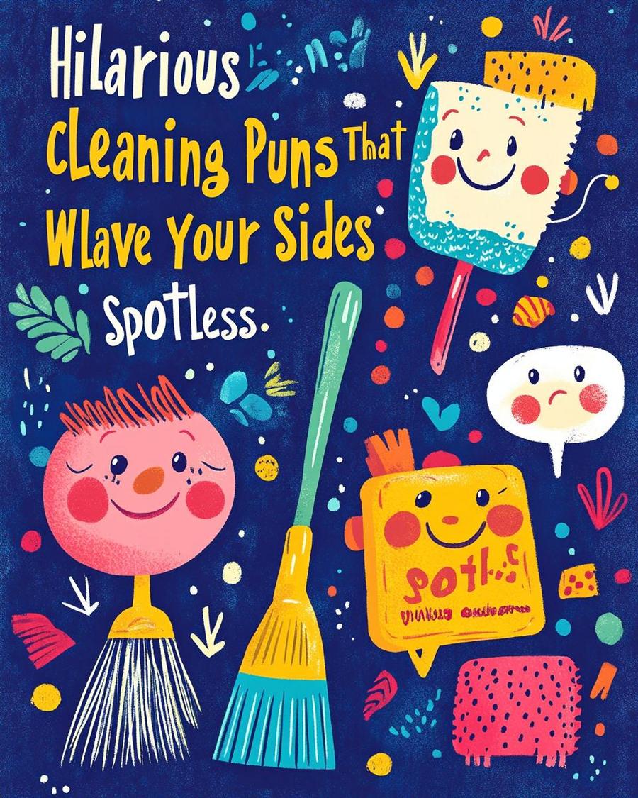 Cleaning products arranged with humorous labels, showcasing the funniest cleaning puns in the business.