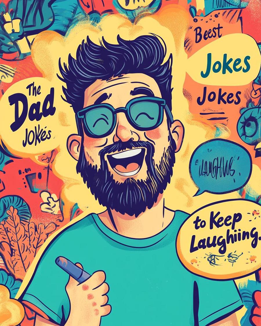 Dead jokes sign with illustrations of famous celebrities laughing, creating a humorous atmosphere.