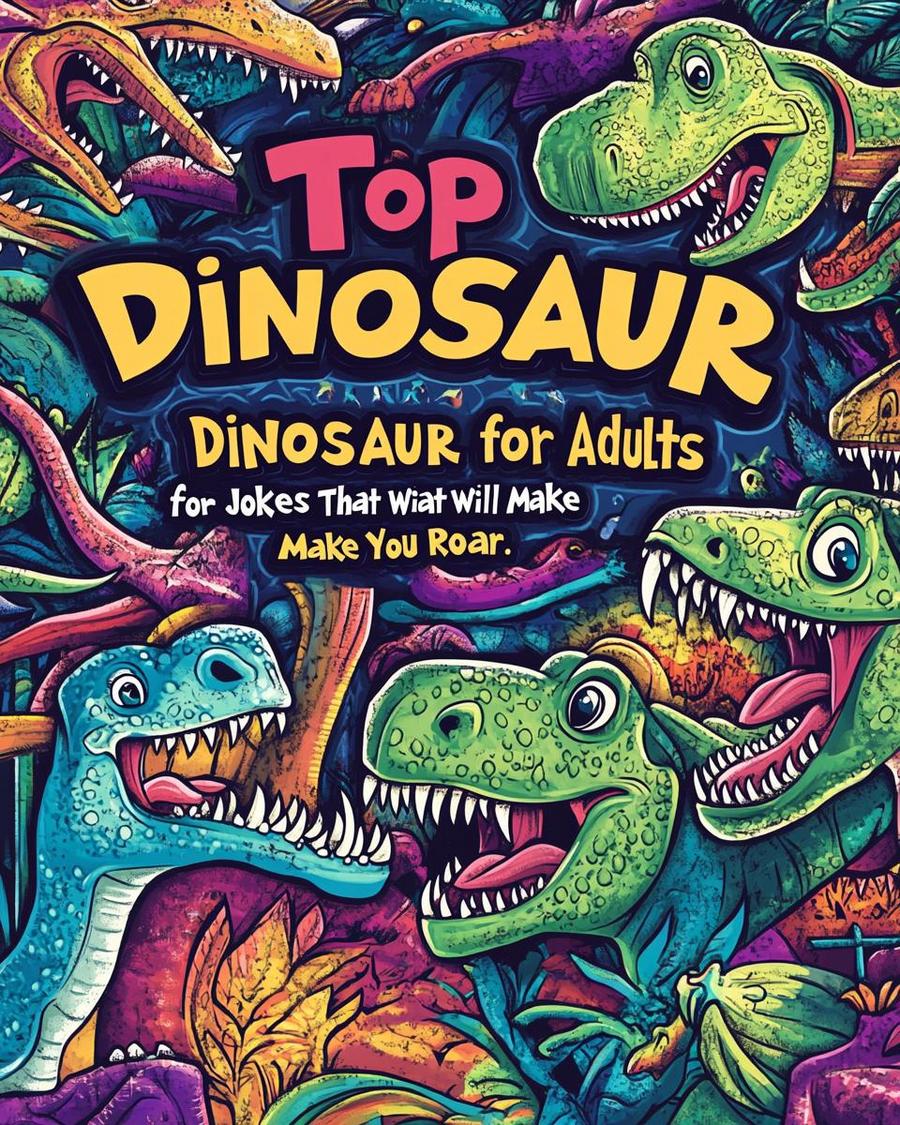 Dinosaur names and meanings chart featuring dinosaur jokes for adults with illustrations.