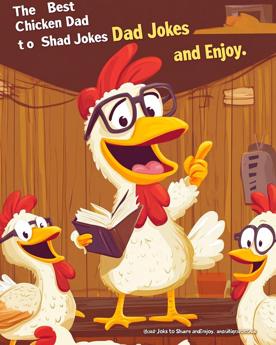 Chicken dad jokes about eggs, illustrated with a cheerful cartoon chicken and egg.