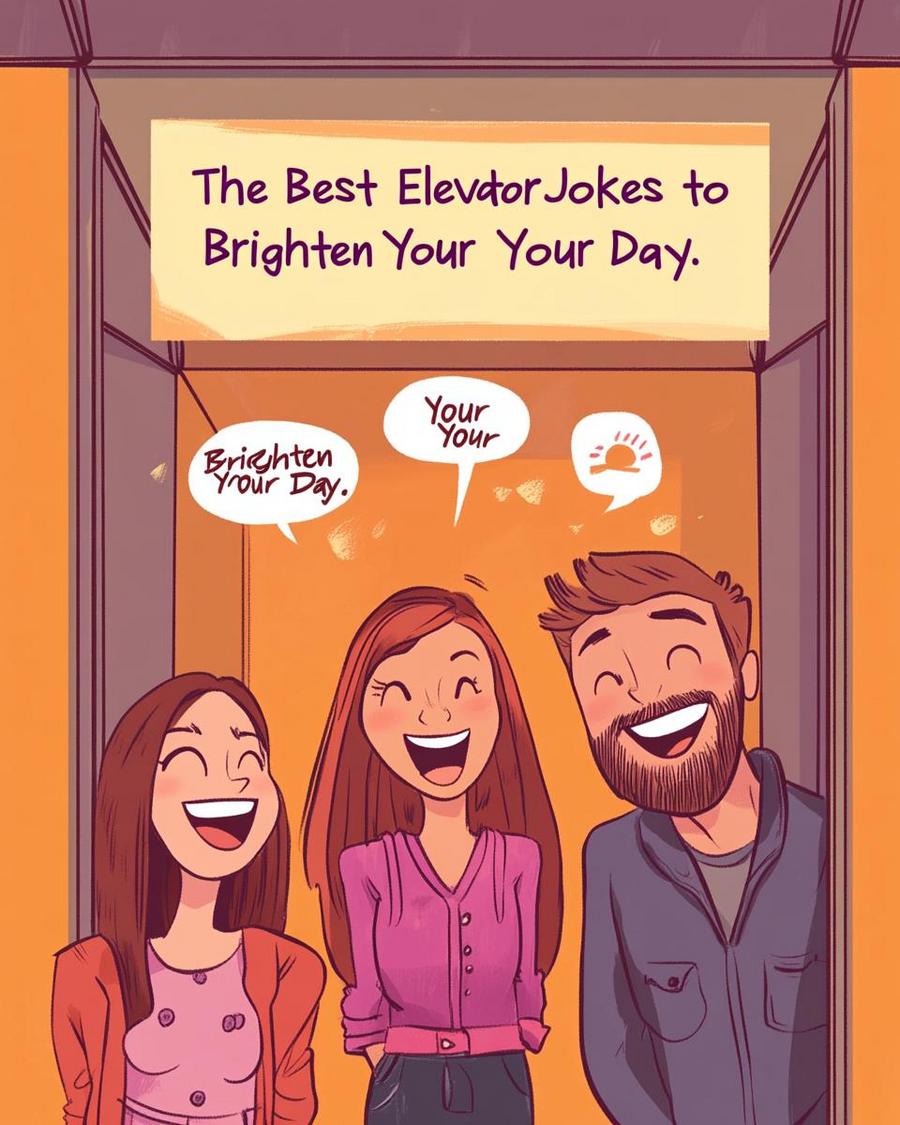 People laughing in an elevator, sharing funny elevator jokes about fellow occupants.