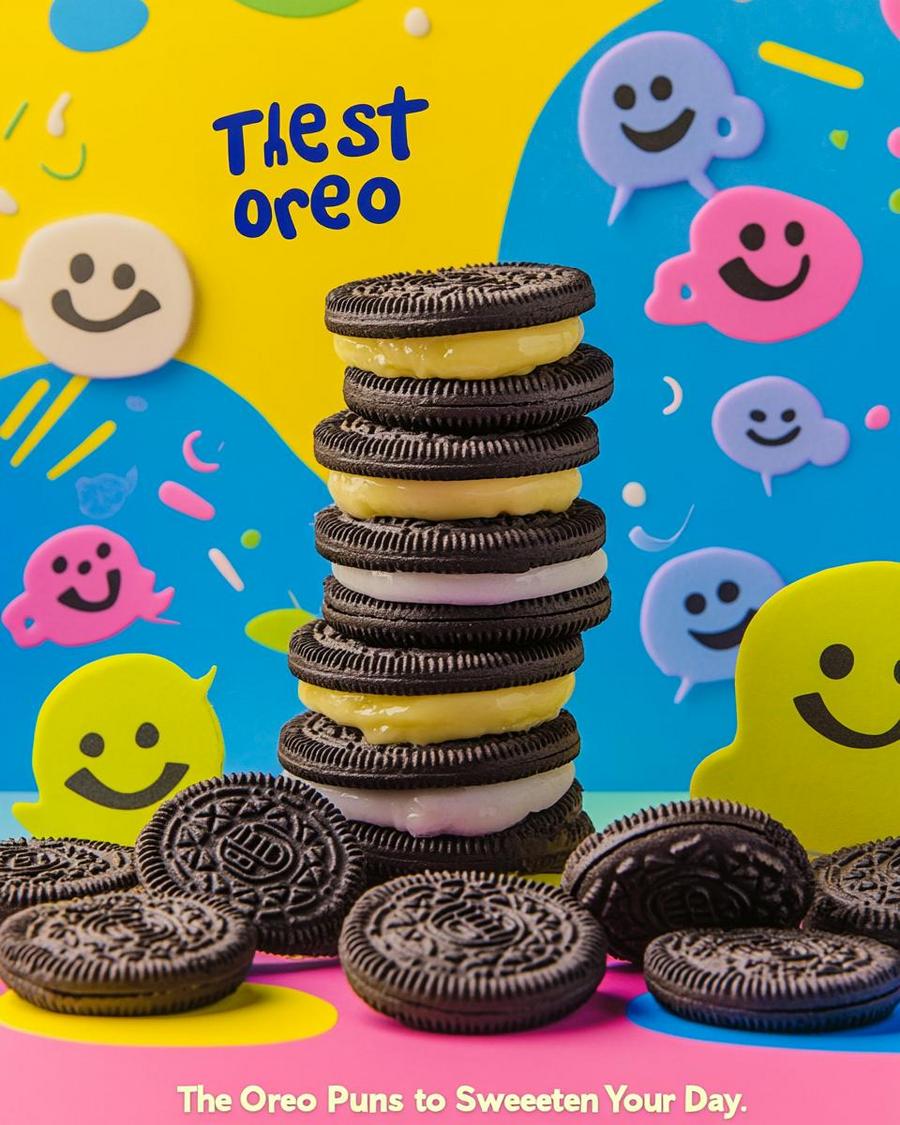 Colorful Oreo display with playful slogan, showcasing creative Oreo puns for promotional event.