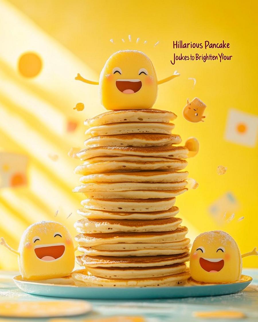 Flipping funny pancake jokes on a plate with a comical breakfast theme.