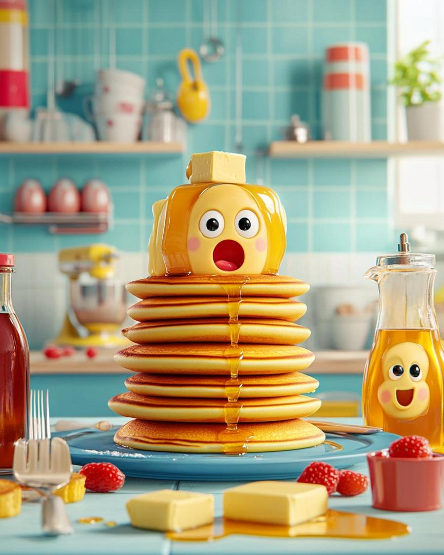 Person laughing with a stack of pancakes, enjoying pancake jokes during breakfast.