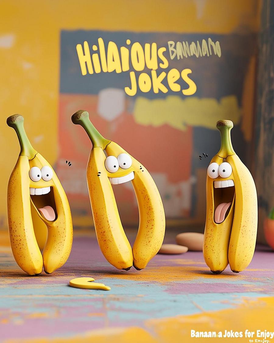 Banana jokes for kids with fruit puns displayed on a colorful background.