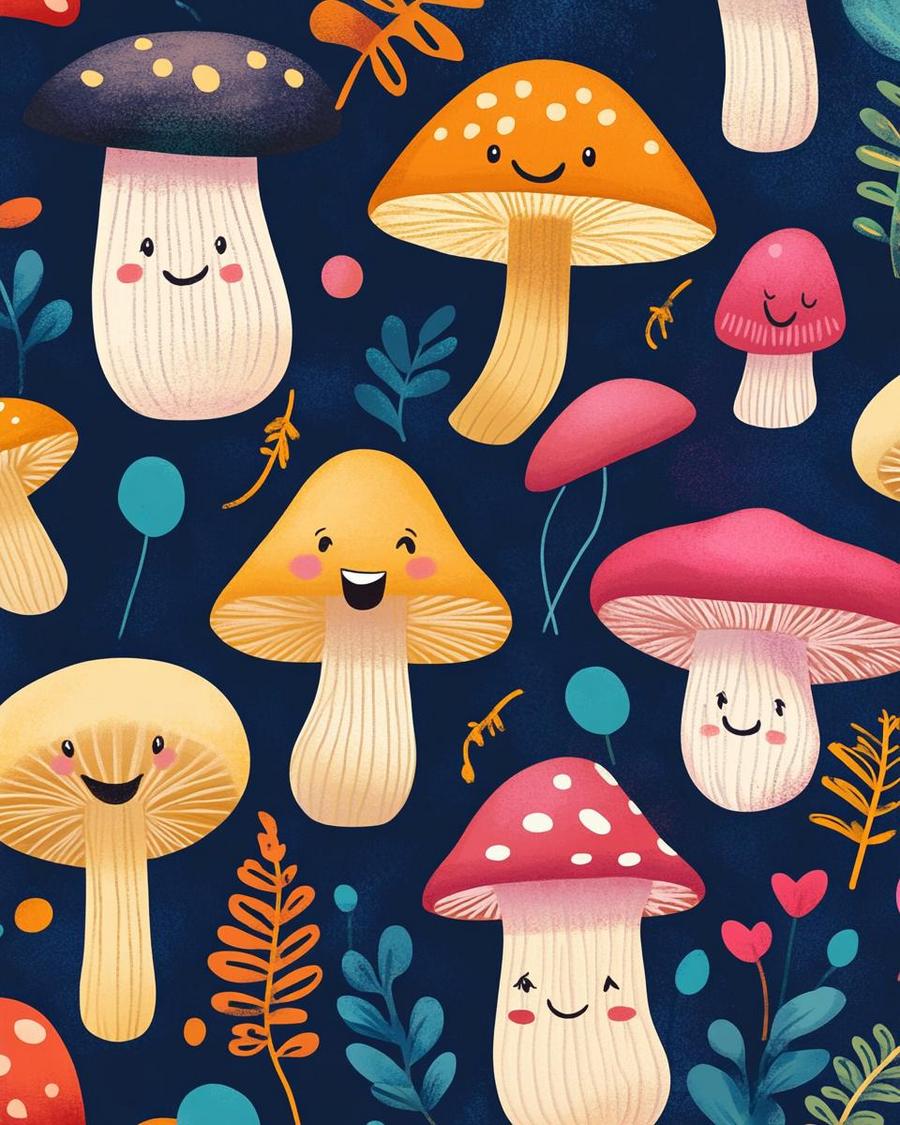 Colorful cartoon fungi laughing, illustrating funny fungi jokes for a whimsical exploration.