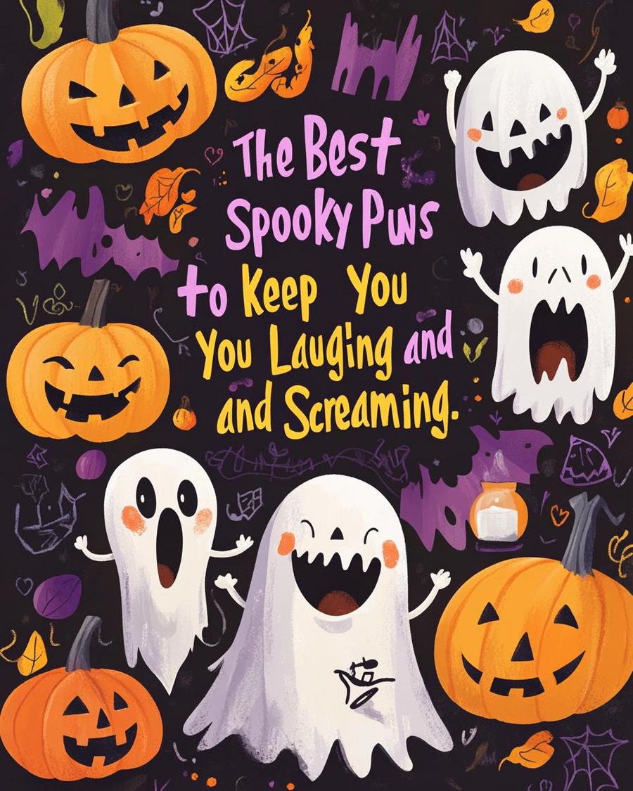 Ghosts telling spooky puns with wide grins, creating a scream-worthy, humorous Halloween scene.