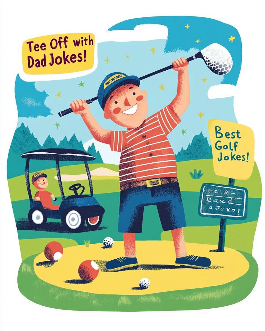 Golf dad jokes on a lush green golf course with playful puns about the sport.