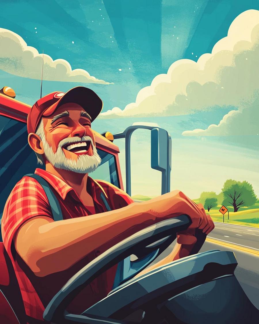 Truck driver laughing at trucker jokes during a long road trip to ease woes.