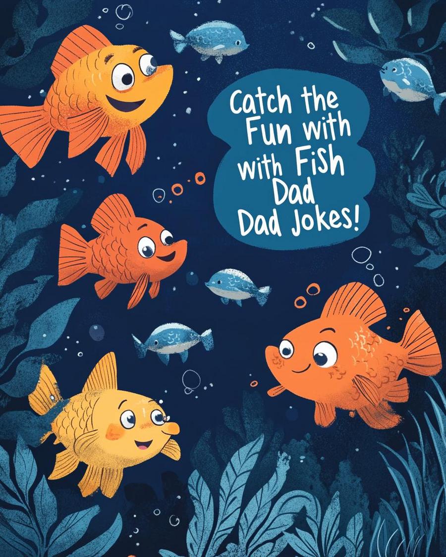 Funny fish dad jokes with cartoon fish telling sea-rious puns underwater.