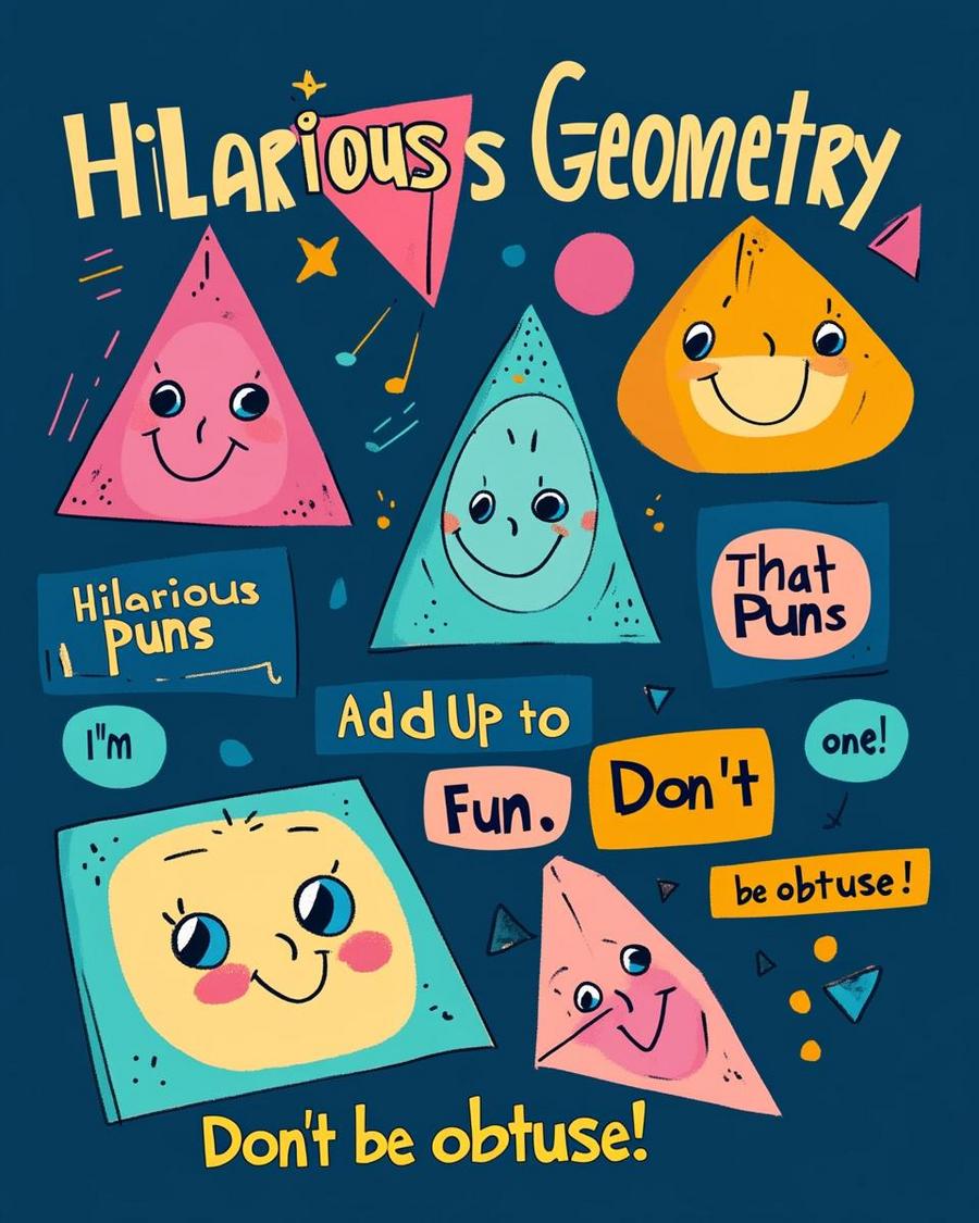 Group of shapes laughing: circle, square, triangle, sharing funny geometry puns.